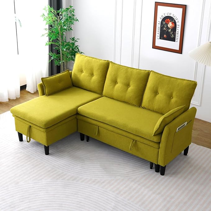 78 L-Shaped Sleeper Sofa Bed Couch 3-Seater Reversible Pull Out Couch Bed with Storage Chaise Lounge Cotton-Linen Pullout Sofabed Sectional Couches for Living Room Apartment Green