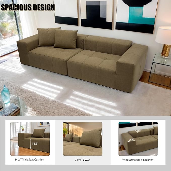MEISIMAN 103” Cloud Couch Modular Sectional Sofa - Compressed Sofa Soft Velvet Fabric &amp Memory Foam Couch for Living Room No Assembly Required (Brown)