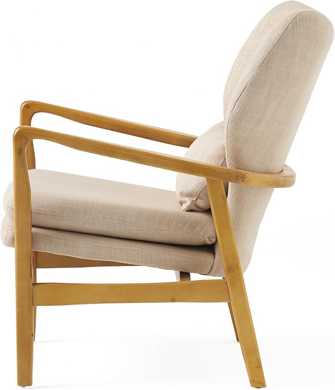 Mid-Century Accent Chairs Modern Upholstered Living Room Chair Cozy Armchair Button Tufted Back and Wood Legs for Bedroom/Office/Cafe/Living Room (Beige)