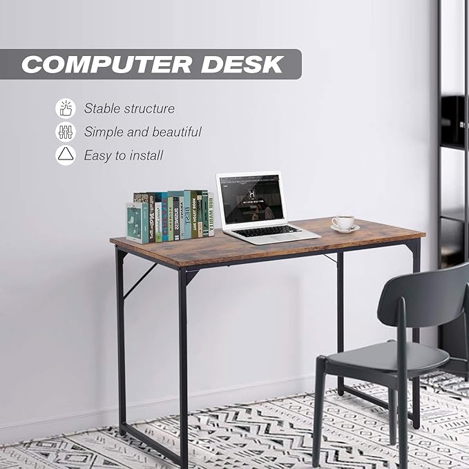 HCB Computer Desk 39inch Home Office Desk Writing Study Table Modern Simple Style PC Desk with Black Metal Frame(Brown)39x20x29inch