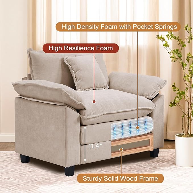 Furniliving 46‘’ Oversized Chair with Ottoman Luxury Chenille Single Sofa Upholstered Deep Seat Chaise Lounge with Pillows for Living Room Bedroom Apartment Camel