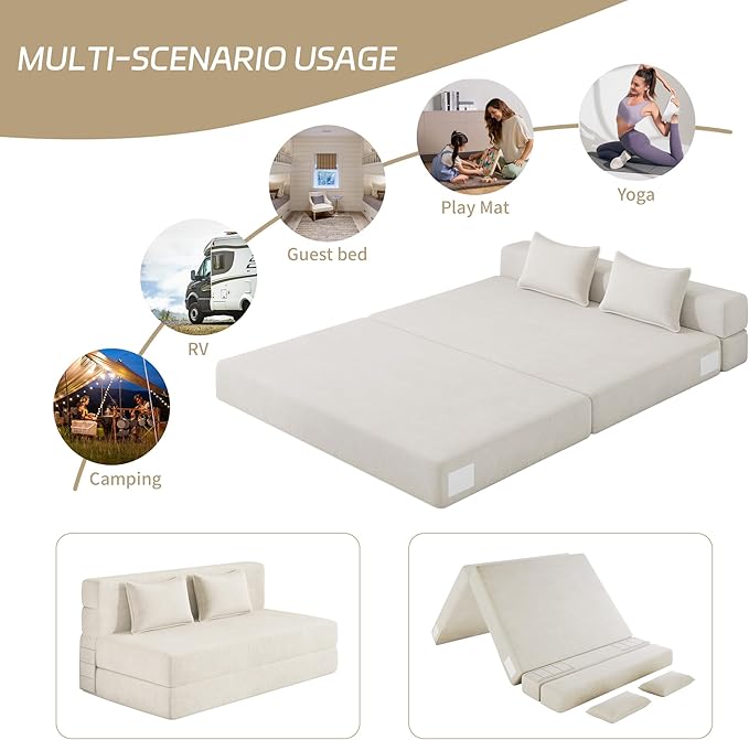 Luoxiao Folding Sofa Bed Foldable Full Lazy Floor Couch for Adults with Pillows Portable Convertible Futon Sleeper Chair for Small Space/Guest Room Washable Cover High-Density Foam Beige
