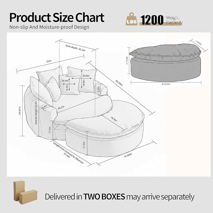 Round Oversized Lounge Chair with Ottoman - Cloud Comfy Boneless Sofa Chair for Living Room Relaxation (Beige Chair and Ottoman)