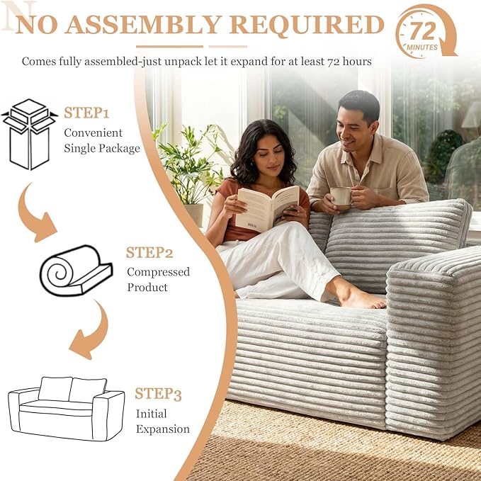 63 White Boneless Couches for Living Room Compressed Sofa Couch in a Box Corduroy Memory Foam Floor Couch for Adults Memory Foam Deep Seat No Assembly Required (White)
