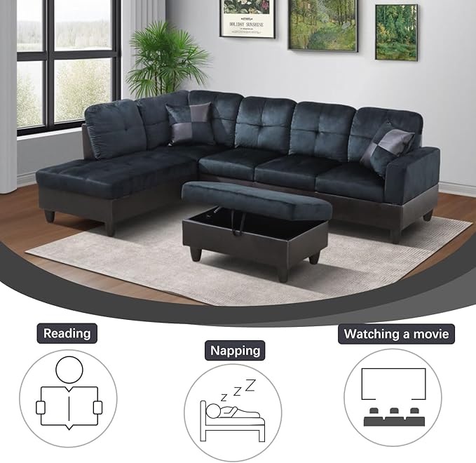L-Shaped 3-Piece Lint and PVC Sofa with Storage Ottoman Set Sectional Couch Sofa Set for Living Room Office Small Space Dark Blue and Brown