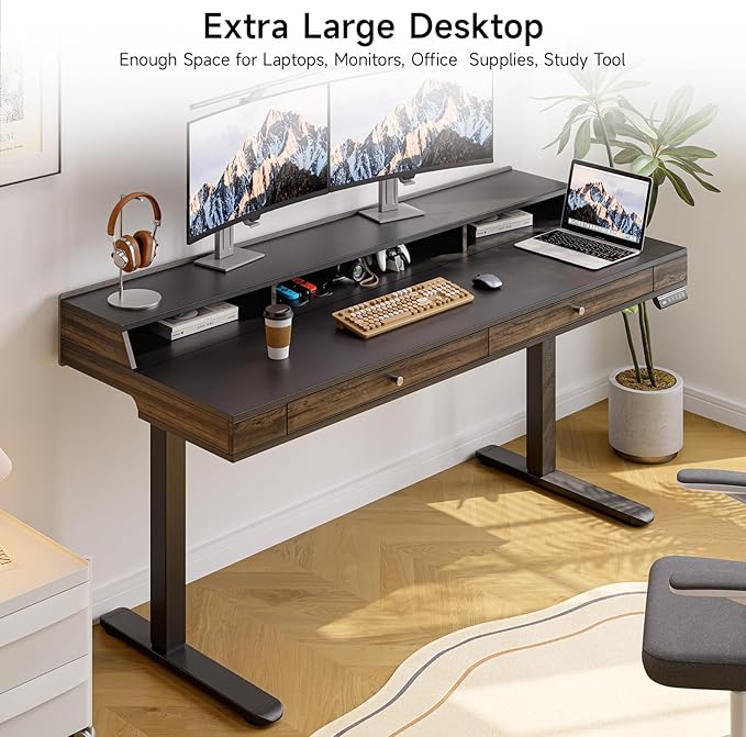 ONBRILL Modern Standing Desk with Storage 63x23.6 Inch Electric Adjustable Height Desk with 2 Drawers 3 Open Storage Zones Black