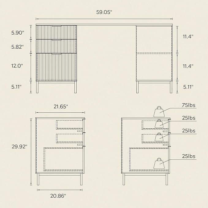 60 L Shaped Fluted Desk Computer Desk with Movable Storage Cabinet Home Office Desk with 3 Drawers Metal Legs Corner Desk for Gaming Study Natural Oak
