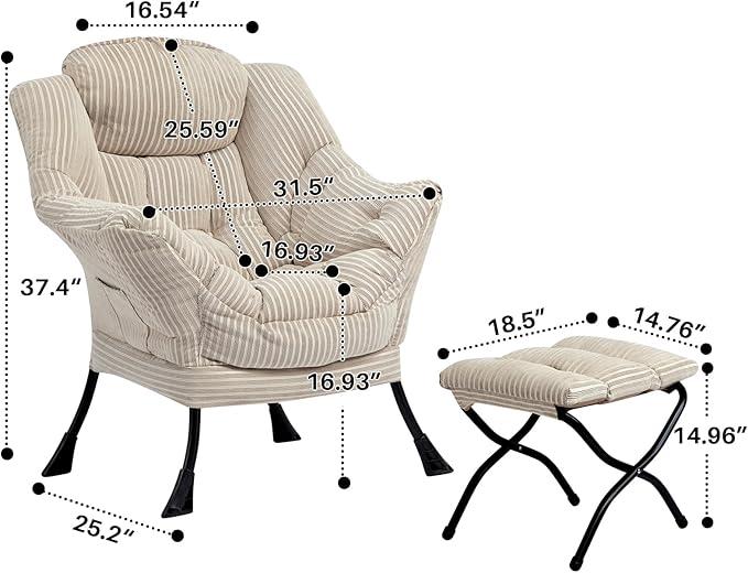 HollyHOME Lazy Chair with Foldable Ottoman Accent Comfy Lounge Armchair and Folding Footrest Stool Leisure Sofa Reading Chair and Footstool for Living Room Bedroom DormBeige Stripe