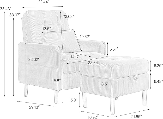 UIXE Accent Chairs with Storage Ottoman Corduroy Recliner Upholstered Armchair with Adjustable Backrest for Living Room Modern Sofa Bed Comfy Bedroom Reading Seat - Orange Set of 2