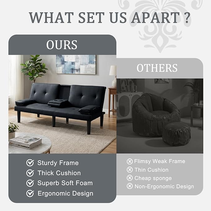 Futon Sofa Bed PU Leather Modern Convertible Futon Couch with Removable Armrests Cup Holders Loveseat Sleeper Sofa Bed for Living Room Apartment Small Spaces (Black)