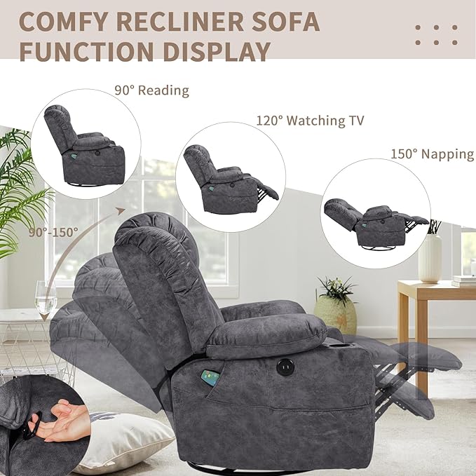 Swivel Rocker Recliner Chair with Heat and Massage Manual Glider Rocking Reclining Chair 360° Swivel Overstuffed Lounge Chair with 2 Cup Holders Side Pockets &amp USB Ports Fabric Grey