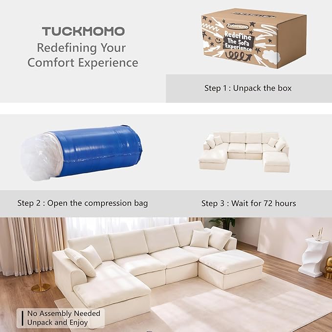 U Shaped Sectional Couch with Movable Ottoman 137.8 Inch Modular Sectional Sofa with Comfy Deep Seat 4-Seater Convertible Boneless Couches for Living Room Warm White