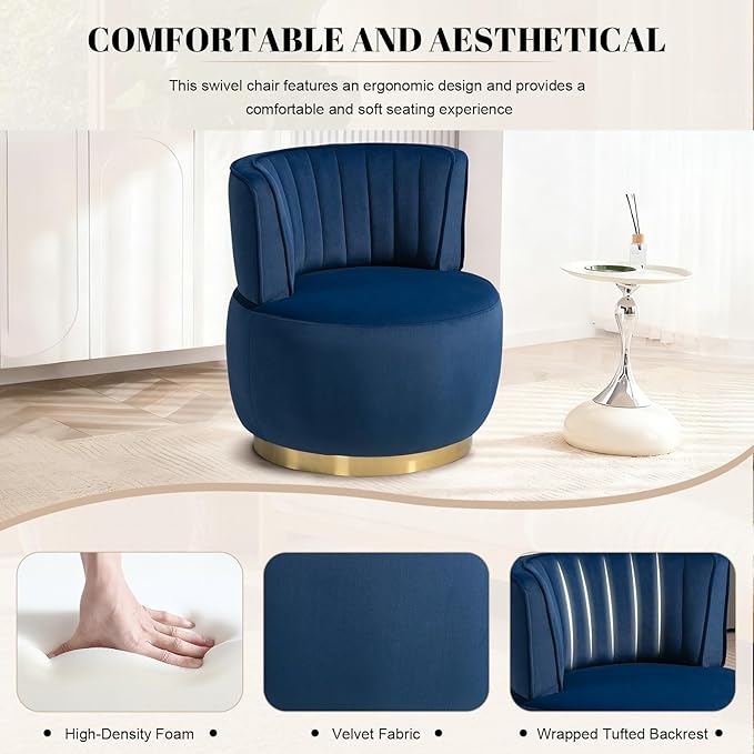 360 Degree Swivel Accent Chair Comfy Round Swivel Barrel Chair with Mental Base Upholstered Cozy Reading Armchairs Modern Lounge Sofa Chairs for Living Room Bedroom Club Office(Velvet Navy)