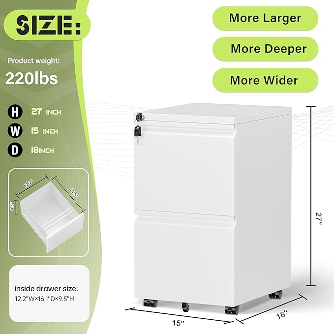 Incbruce 2 Mobile Drawer File Cabinet with Wheels Metal File Storage Cabinet with Lock Filing Cabinet Under Desk for Home Office Easy Assemble (White)