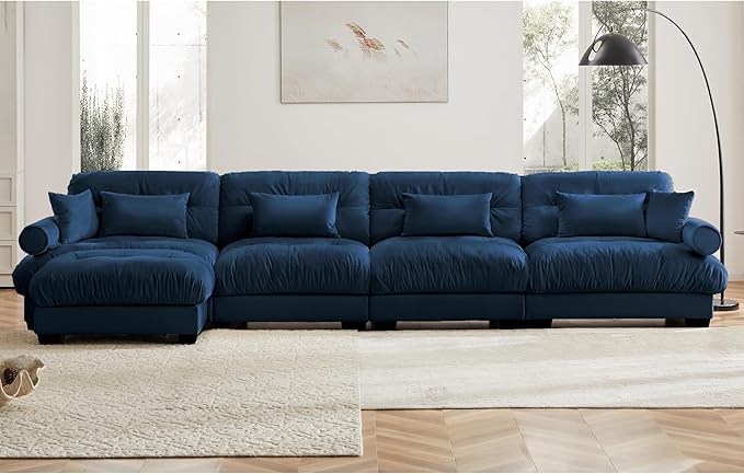 Velvet Modular Sectional Sofa4-Seater Cloud Couch with OttomanPillows and High Density Memory Foam for Living Room Home TheaterApartment（Blue）
