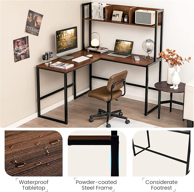 MEDIMALL L-Shaped Desk w/Storage Shelf Reversable Corner Desk Game Table w/Sturdy Metal Frame Multifunctional Computer Desk for Home Office (Walnut)