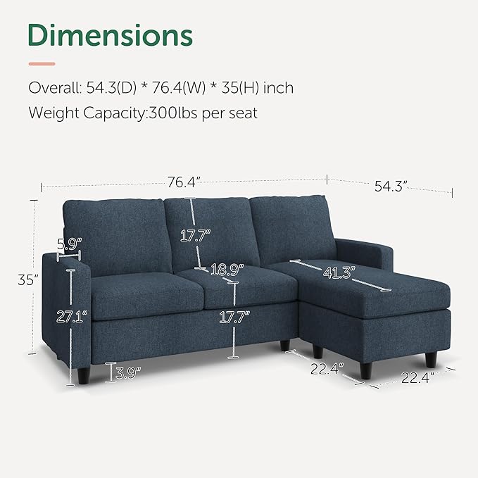 HONBAY Convertible Sectional Sofa Couch L Shaped Couch with Reversible Chaise Mid Dark Grey