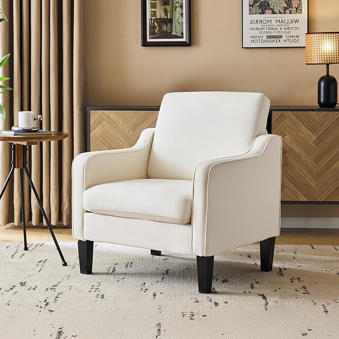 VINGLI Accent Chairs Set of 2 Beige Upholstered Linen Accent Chair for Living Room Bedroom Mid-Century Modern Arm Chair Comfy Reading Chair with Scooped Arms
