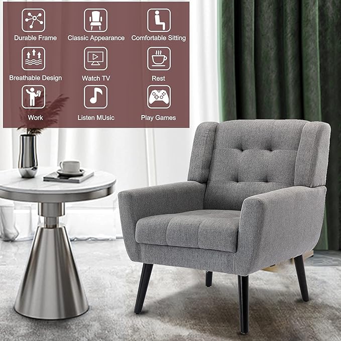 SSLine Linen Accent Arm ChairMid-Century Modern Upholstered Wingback Single Sofa Armchair Club Chair with Solid Wood Legs Thick Cushion for BedroomReadingLiving Room Chair (Light Grey)