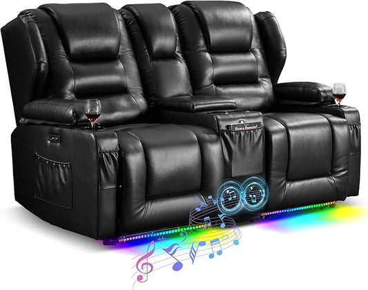 Power Loveseat Recliner Sofa with ConsoleReclining Loveseat RV Recliners with Speaker/USB Ports/LED LightsPower Recliner Loveseat Sofa with Cup Holders for Living RoomBlack