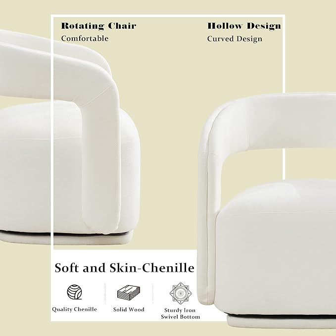 FOXHUNTER Swivel Accent Chair Modern Upholstered Barrel Chair Oversized Round Accent Armchair with Open Back Wooden Base for Living RoomChenil White