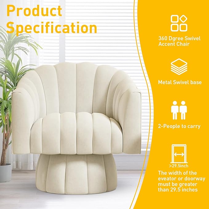 Accent Chair Mid Century 360 Degree Swivel ChairModern Lounge Sofa Round Barrel Chair with Wide UpholsteredFluffy Velvet Fabric Chairs for Home Sofa Living Room/Bedroom/Waiting Room (Beige)