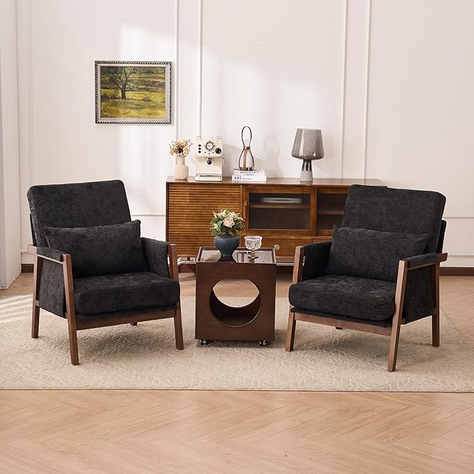 Accent Chairs Set of 2 Mid-Century Modern with Lumbar Support Pillow Upholstered Living Room Chairs with Wooden Chenille Armchair with Cushion Anthropologie Side Chair for Bedroom Black