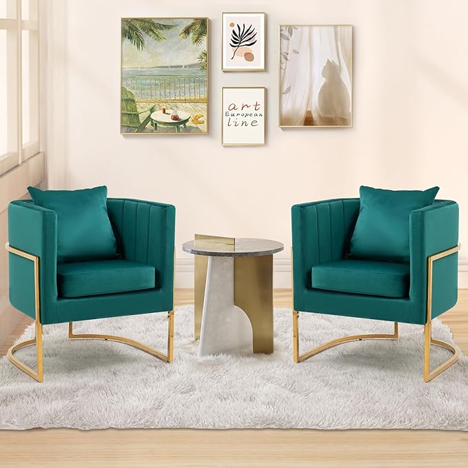 Velvet Modern Accent Chairs Set of 2 Upholstered Barrel Armchair Mid Century with Pillow for Living Room Comfy Single Vanity Chair with Metal Gold Legs for Bedroom Green