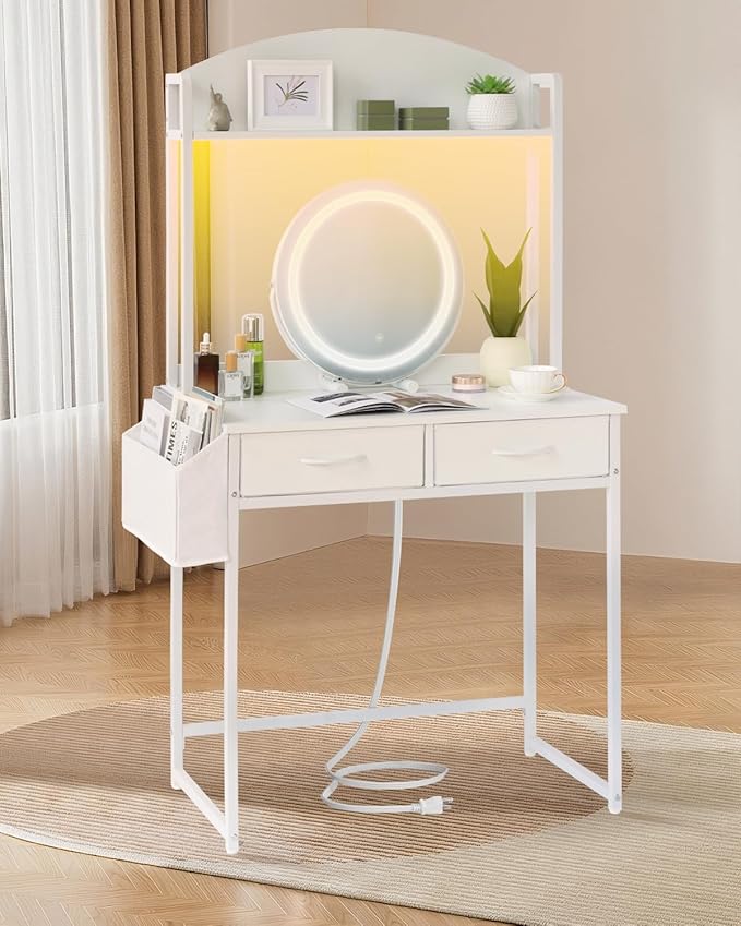 KATHY&ampBOB Small Home Office Study Desk - Freestanding Arched Design with Fabric Drawers &amp Side Bag - Modern Vanity Makeup Desk - Open Shelf &amp Computer Gaming Station (White)