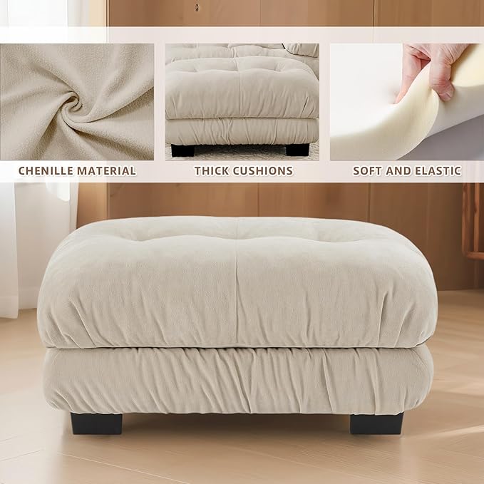 Upholstered Ottoman Footstool with Cushion for Sectional Sofa Couch 300lbs for Living RoomChenille Fabric(Light Coffee Color)