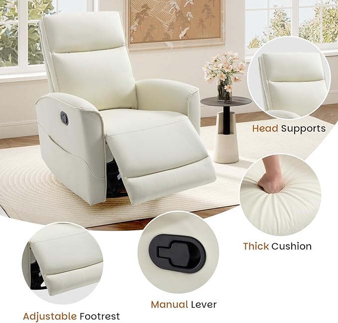 CANMOV Rocker Recliner Chair360°Swivel Nursery Glider ReclinerManual Recliner Sofa with Padded Armrest and BackrestLeather Recliner for Small SpacesLiving RoomBedroom (White)