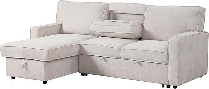 L-Shaped Convertible Sectional Sofa with Storage Space Upholstery Sleeper Sectional Sofa with USB Port and 2 Cup Holders on Back Cushions 3-Seat Sofa Furniture for Living Room Office (Beige-89'W)