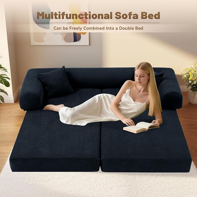 Convertible Futon Sofa Bed80 Folding Pull Out Couch Bed with StorageQueen Sleeper Sofa BedCompressed Couch in a BoxCorduroy Boneless Couches for Living RoomDeep Blue