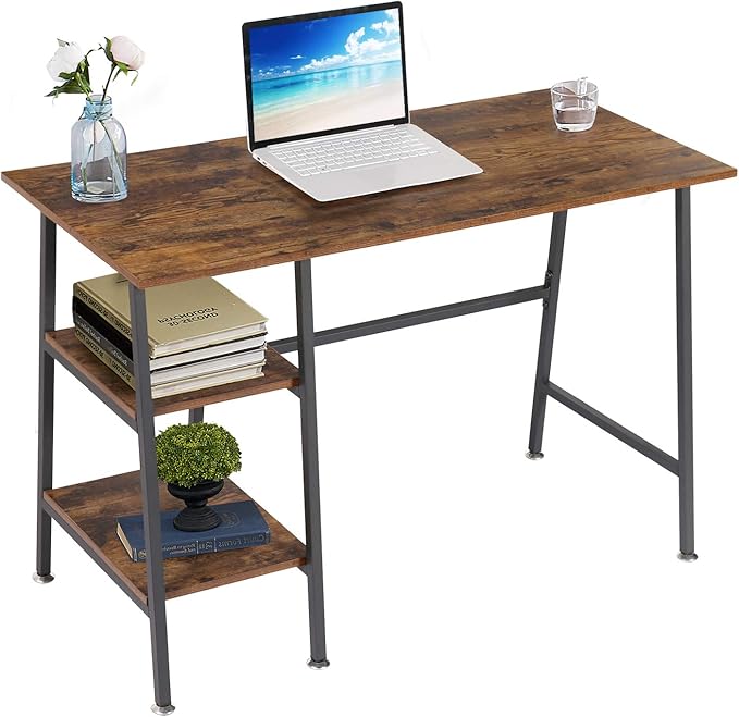 VECELO 43 Inch Computer Desk Home Office Classic Walnut Study Desk Work Office Table with Shelves Wooden Desk for Bedroom