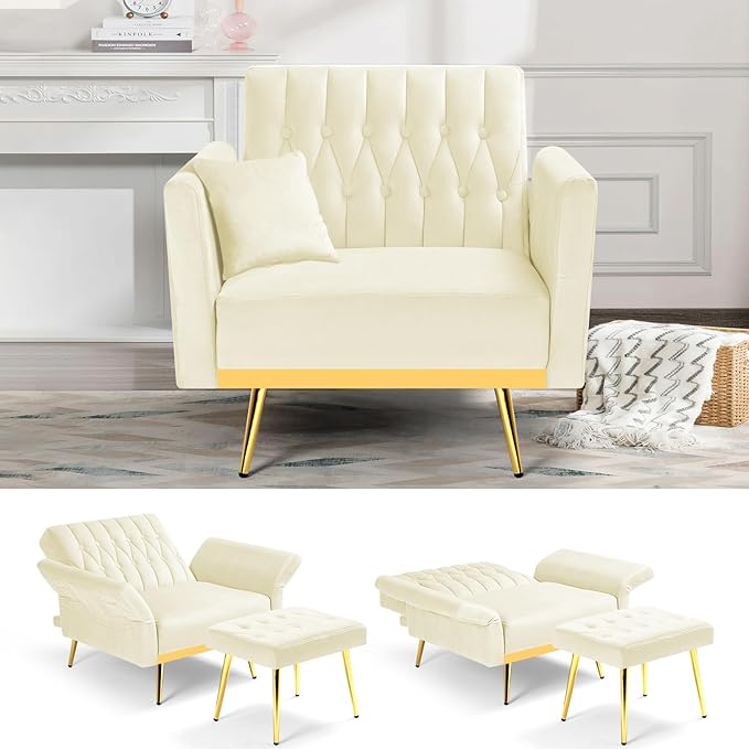 Velvet Accent Chair with Adjustable Backrest and Armrests Single Recliner Armchair with Ottoman and Golden Mental Legs for Living Room Bedroom and Waiting Room Beige