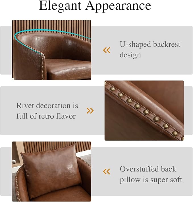 360 Degree Swivel Accent Chair Set of Two with Plump Back Pillow Waterproof Oil Waxed PU Leather Swivel Armchair with Rivets Comfy Vintage Round Barrel Chair for Living Room
