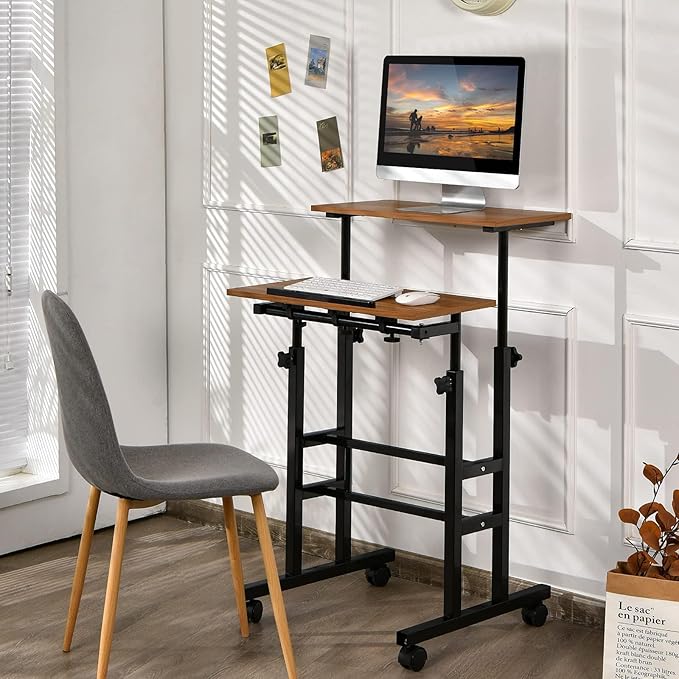 Standing Desk Height Adjustable Sit-Stand Desk with Tiltable Desk Top Rolling Laptop Stand &amp Workstation Mobile Stand up Computer Desk on Wheels for Small Spaces Home &amp Office (Coffee)