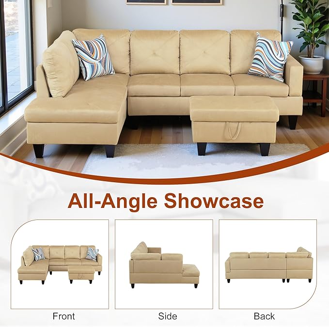 L Shaped Couch Sectional Couches for Living Room Upholstered Microfiber 3 Pieces Modular Sectional Sofa with Chaise Ottoman with Storage for Living Room and Small Apartment Beige