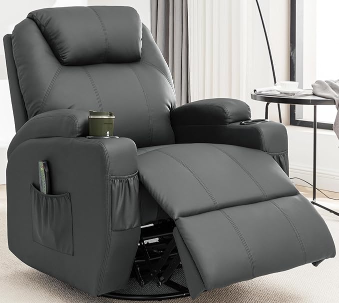 Recliner Chair Rocking Chair with Massage and Heat 360° Swivel Recliner Chairs for Adults Rocker Manual Recliner with Remote Control and Cup Holder for Living Room Bedroom Nursery