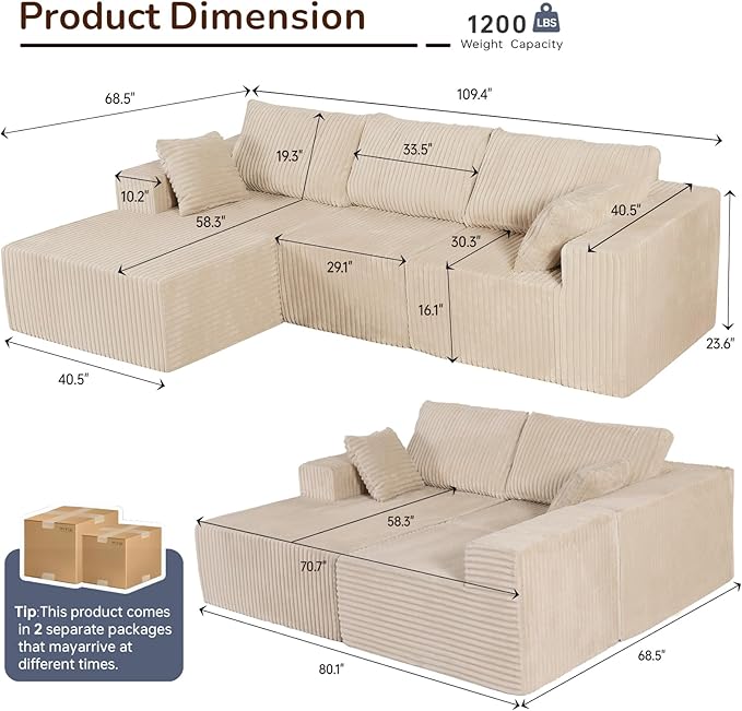 Boneless CouchCloud-Like Softness &amp Supportive FirmnessSectional Couches for Living RoomCloud Couch with No Assembly &amp Removable Washable CoversBeige