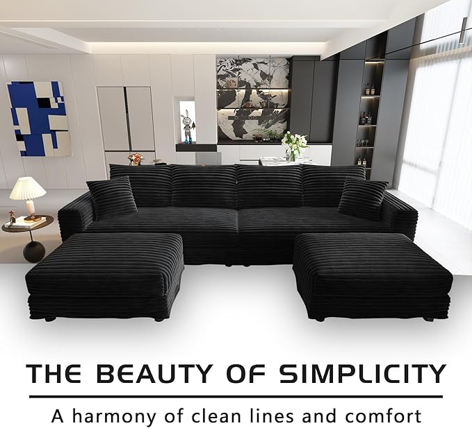 102.4'' Oversized Corduroy Couch Modular Sectional Sofa with 2 Ottomans Upholstered 4 Deep Seat U Shape Sofa Convertible Cloud Couches with Chaise Lounge for Living Room Apartment Black
