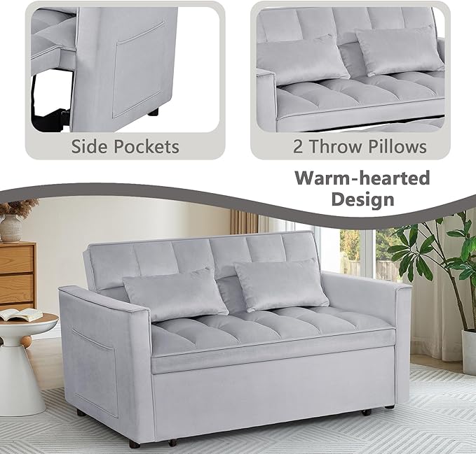 54 Convertible Sofa Bed Velvet Sleeper Sofa with Pull-Out Bed 3-in-1 Futon Couch with Reclining Backrest and Side Pocket Modern Loveseat for Living Room (Silver Grey)