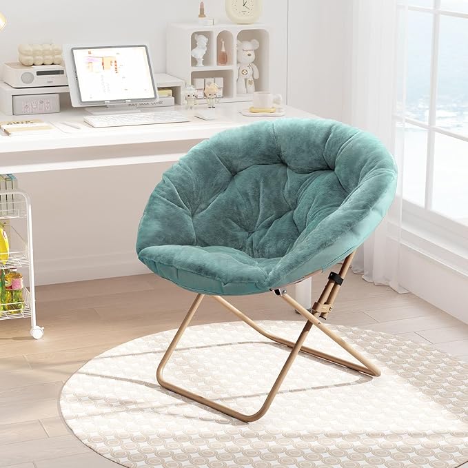 Cozy Saucer Chair Living Room Chair Faux Fur Soft Thick Padded Seat Metal Frame Folding Chair Comfortable Moon Chair for Living Room Bedroom Reading Nook Modern Style 2 Pack Green