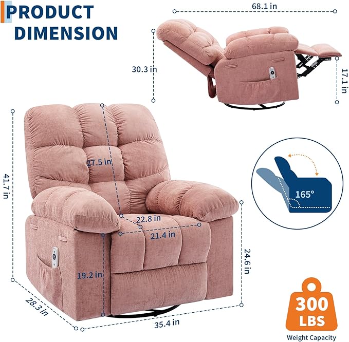 GarveeHome Rocker Recliner Chair with Vibration Massage and Heat 360° Swivel Recliner Sofa with Side Pocket Single Reclining Chair for Living Room and Bedroom Pink