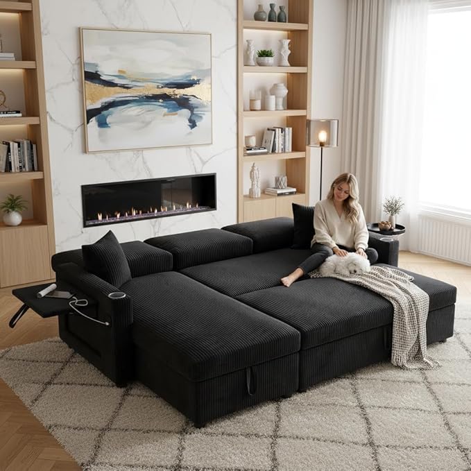 83 Sleeper Sectional Sofa Comfy Convertible Sofa Bed with Pull Out Couches Small Desktop Corduroy L Shaped Couch with Reversible Storage Chaise &amp USB for Living Room Apartment Black