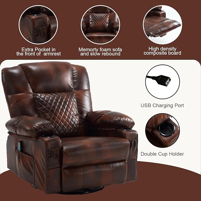 Faux Leather Swivel Rocker Recliner with Heat and Massage Cup Holders Overstuffed Rocking Glider Chair Heated Massaging Reclining Chair Brown