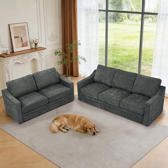 2 Pieces Chenille Sofa Set w/Soft Back Cushion &amp Curved Armrest Modern 2 Seat &amp 3 Seats Couch Set w/Deep Seat Space Upholstered Love Seat &amp Sofa w/High Density Foam for Living Room Grey