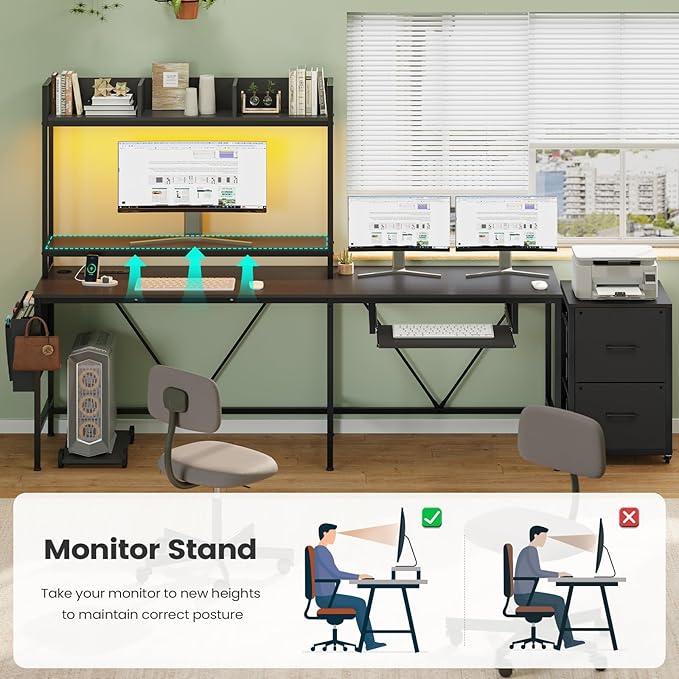 L Shaped Gaming Desk with Shelves 55in Reversible Home Office Desks with Power Outlet RGB Led Strip Movable File Cabinet Keyboard Tray 2 Drawers (Black)