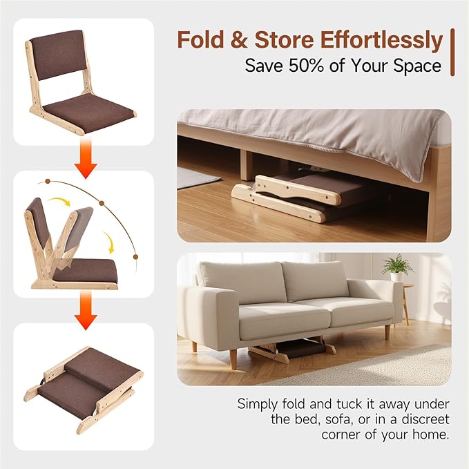 Tiita Foldable Tatami Chair Japanese Floor Chair Wood Legless Back Rest Chairs with Cushion Accent Meditation Floor Chairs Bay Window Wood Brown
