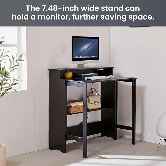 Folding Desk with Charging StationFold Out Desk with Monitor StandStorage ShelfSmall Foldable Computer Desk for Compact Home Office Spaces (Black)